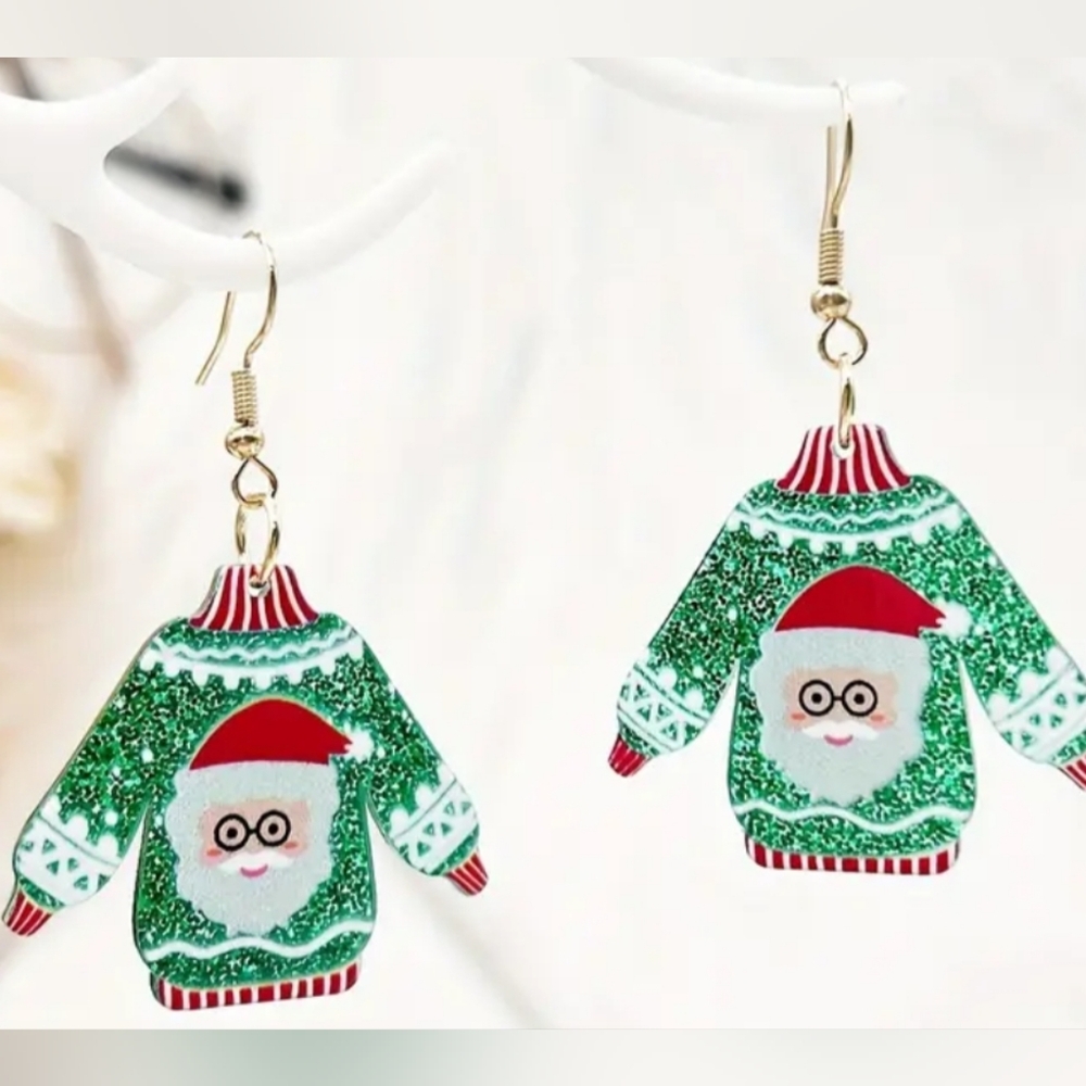 Handcrafted Festive earrings gold Santa Green Sweater Christmas Holiday